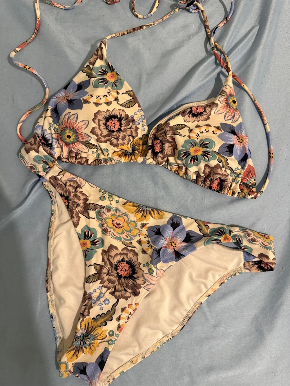 O’Neill Floral Triangle Bikini Set in Cream with Blue & Yellow Flowers